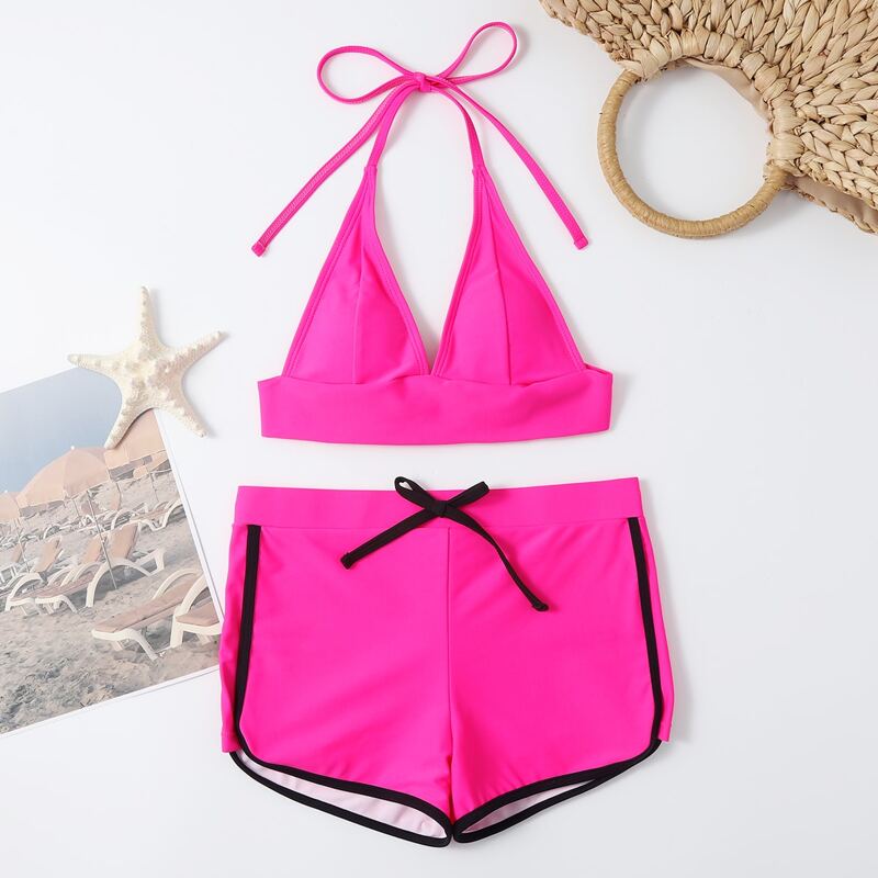 

Contrast Binding Halter Shorts Bikini Swimsuit, Hot pink