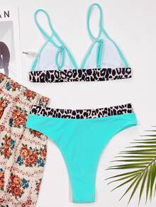 Conjunto de bikini con ribete de contraste leopardo, para vacaciones de verano en la playa - verde menta - Ver 2