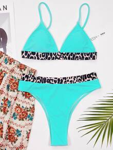 Conjunto de bikini con ribete de contraste leopardo, para vacaciones de verano en la playa - verde menta - Ver 3