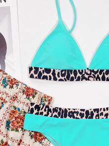 Conjunto de bikini con ribete de contraste leopardo, para vacaciones de verano en la playa - verde menta - Ver 4