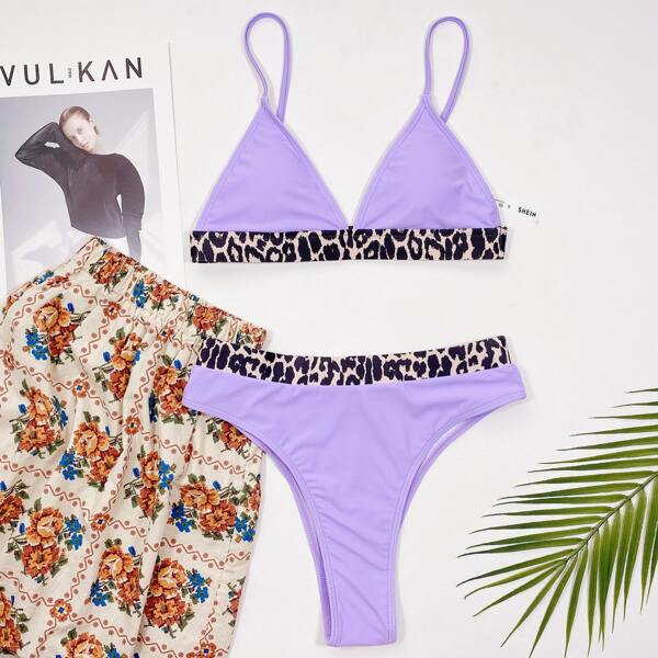 

Leopard Contrast Binding Bikini Swimsuit, Purple