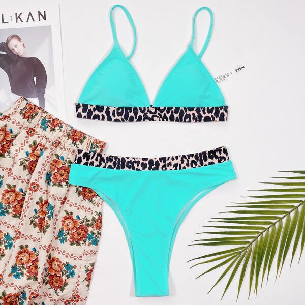 

Leopard Contrast Binding Bikini Swimsuit, Mint green