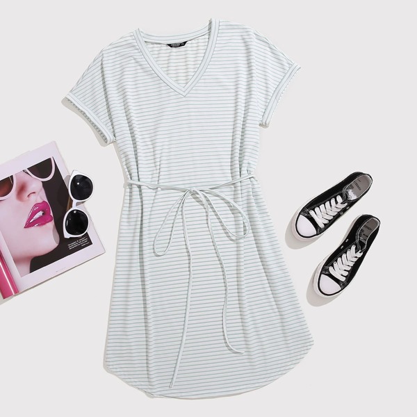 

Plus Striped Curved Hem Belted Dress, White