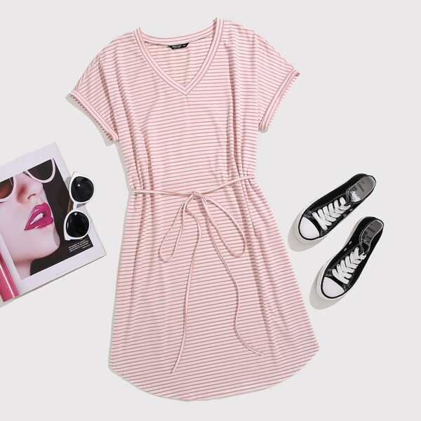 

Plus Striped Curved Hem Belted Dress, Pink