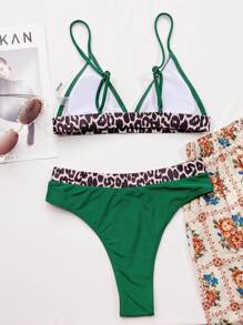 Leopard Print V Neck Bikini Set, For Summer Beach Vacation - Dark Green - View 2