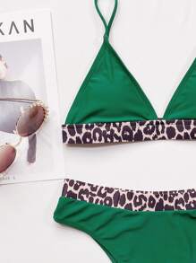 Leopard Print V Neck Bikini Set, For Summer Beach Vacation - Dark Green - View 4