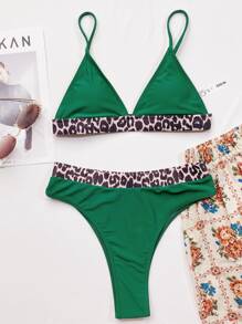 Leopard Print V Neck Bikini Set, For Summer Beach Vacation - Dark Green - View 5