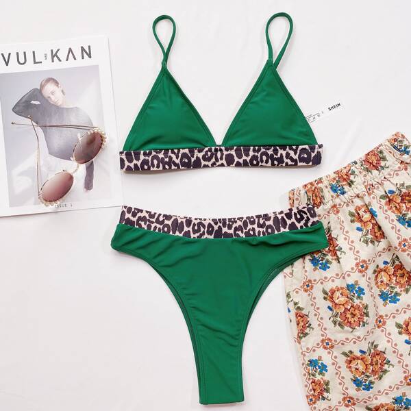 

Leopard Print V Neck Bikini Swimsuit, Dark green