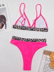 Conjunto de bikini con cuello en V y ribete de estampado de leopardo, para playa y vacaciones de verano - Rosa Fucsia - Ver 2