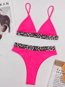 Conjunto de bikini con cuello en V y ribete de estampado de leopardo, para playa y vacaciones de verano - Rosa Fucsia - Ver 3