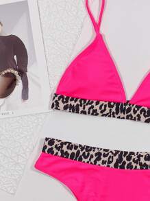Conjunto de bikini con cuello en V y ribete de estampado de leopardo, para playa y vacaciones de verano - Rosa Fucsia - Ver 5
