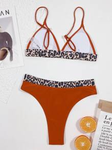 Leopard Trim Triangle Bikini Set, For Summer Beach Vacation - Brown - View 2