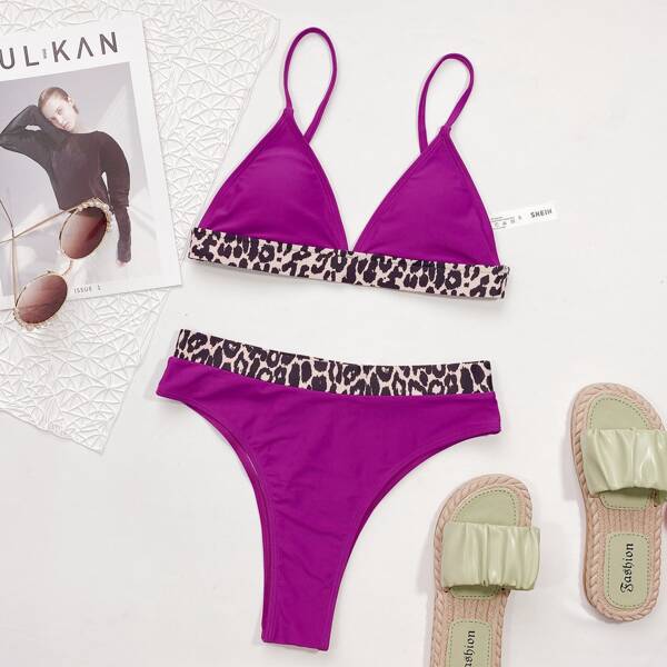 

Leopard Trim Triangle Bikini Swimsuit, Purple