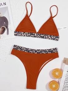 Leopard Trim Triangle Bikini Set, For Summer Beach Vacation - Brown - View 4