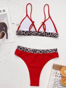 Leopard Trim Triangle Bikini Set, For Summer Beach Vacation - Red - View 2