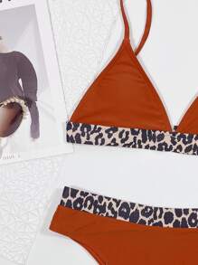 Leopard Trim Triangle Bikini Set, For Summer Beach Vacation - Brown - View 5