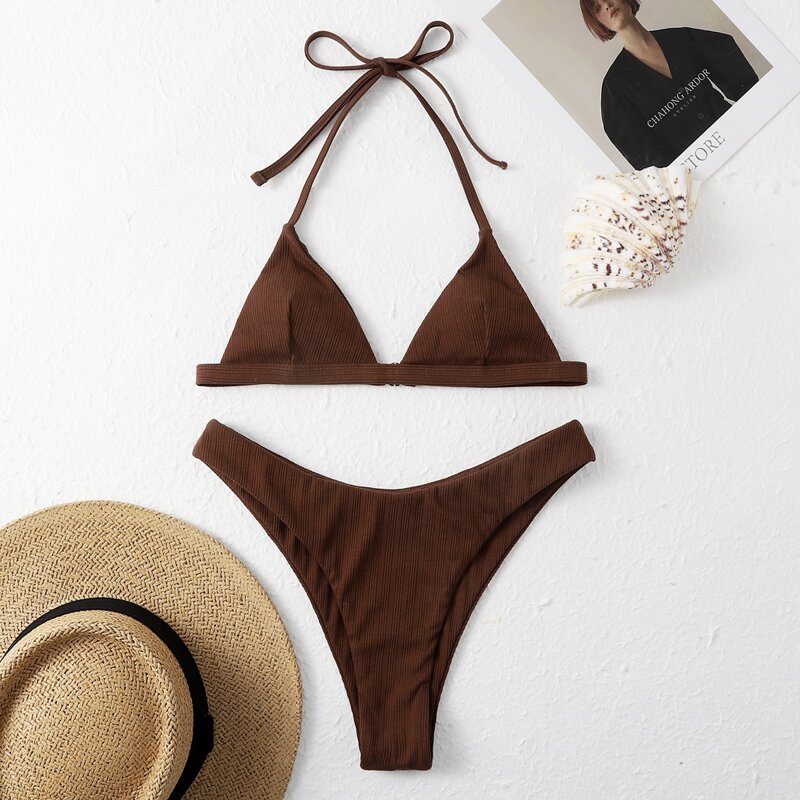 

Halter Micro Triangle Bikini Swimsuit, Coffee brown