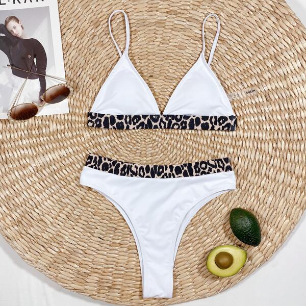 

Leopard Contrast Binding Bikini Swimsuit, White