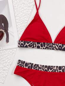 Leopard Trim Triangle Bikini Set, For Summer Beach Vacation - Red - View 4