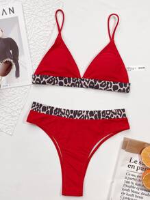 Leopard Trim Triangle Bikini Set, For Summer Beach Vacation - Red - View 5