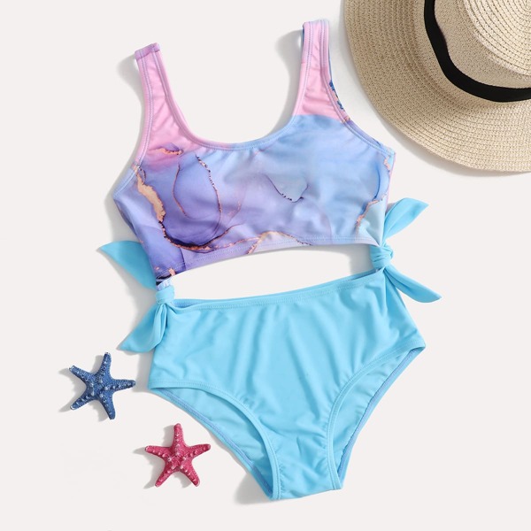 

Girls Marble Print Knot One Piece Swimsuit, Multicolor