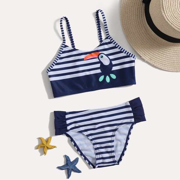 

Toddler Girls Bird & Striped Bikini Swimsuit, Blue and white