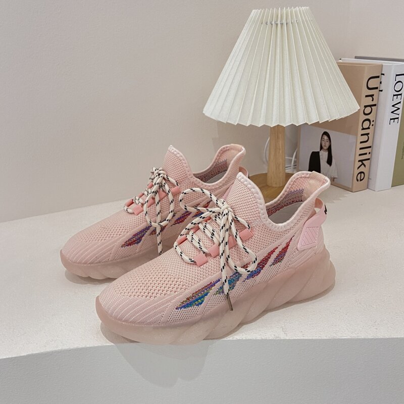 

Striped Lace-up Knit Sneakers, Baby pink