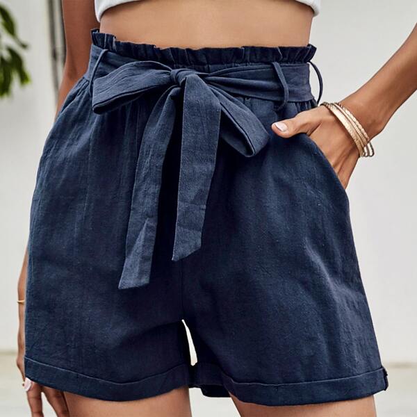 

Self Tie Paperbag Waist Shorts, Navy blue