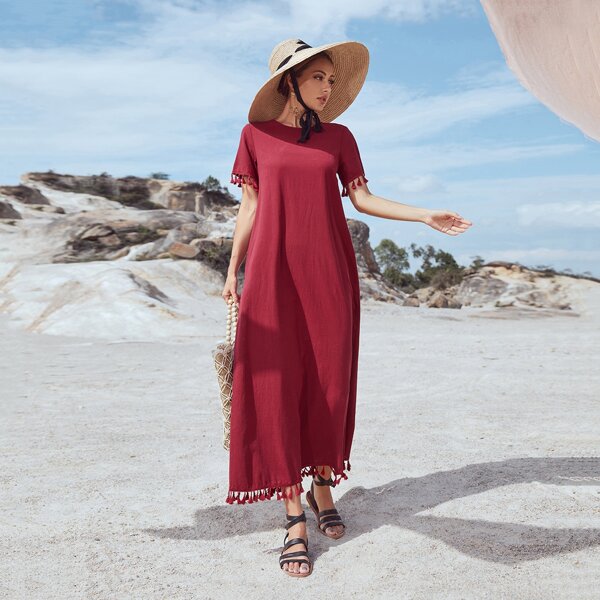 

Solid Tassel Trim Tunic Dress, Rose red