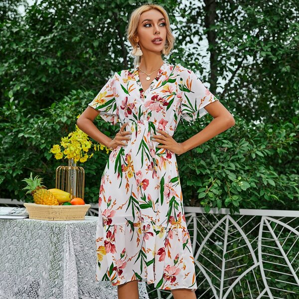 

Платье цветочным рисунком с оборками, Многоцветный