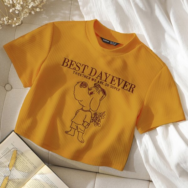 

Slogan & Cartoon Embroidered Waffle Knit Tee, Mustard yellow