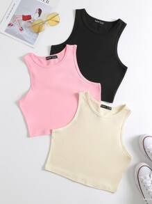 3 piezas set top tank corto de cuello redondo - Multicolor - Ver 1