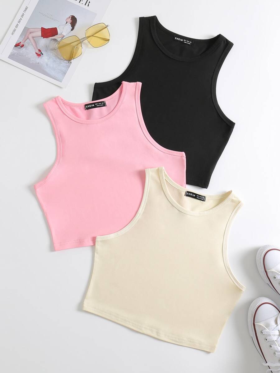 3 piezas set top tank corto de cuello redondo - Multicolor - Ver 1