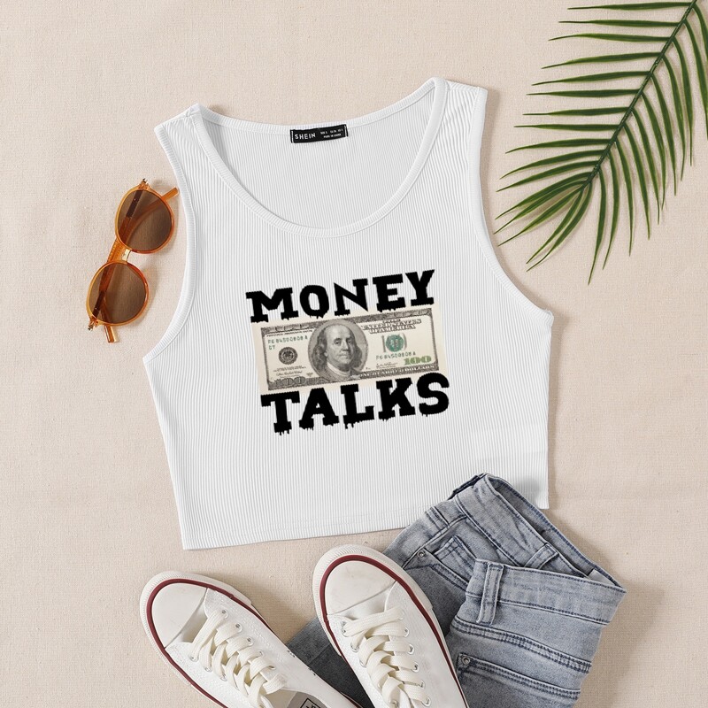 

Letter & Graphic Print Rib-knit Tank Top, White
