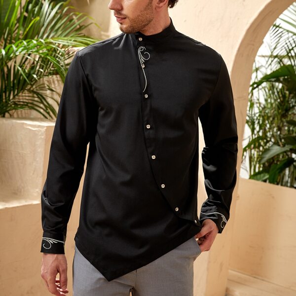 

Men Stand Collar Button Front Shirt, Black