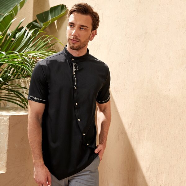 

Men Contrast Piping Button Front Shirt, Black