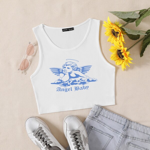 

Scoop Neck Letter & Figure Graphic Tank Crop Top, White