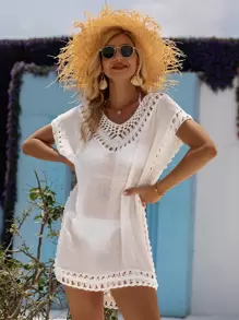 SHEIN Swim Contrast Crochet Cover Up Dress,Summer Beach - White - View 6