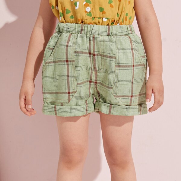 

Toddler Girls Rolled Hem Plaid Shorts, Mint green