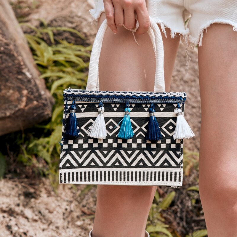 

Geometric Pattern Tassel Decor Satchel Bag, Black and white
