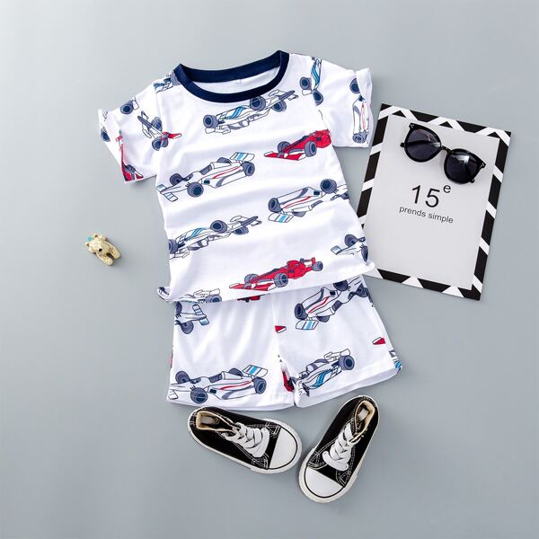 

Toddler Boys Racing Car Print Tee With Track Shorts, White