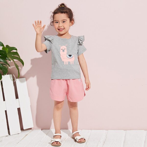 

Toddler Girls Ruffle Trim Sheep Print Tee, Grey
