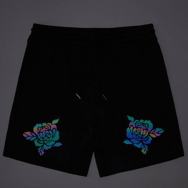 

Men Reflective Floral Print Shorts, Black