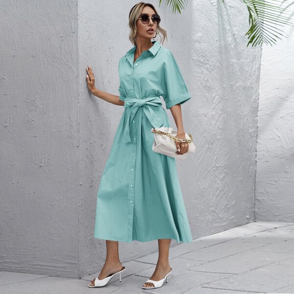 

Roll Up Sleeve Button Front Belted Dress, Cadet blue
