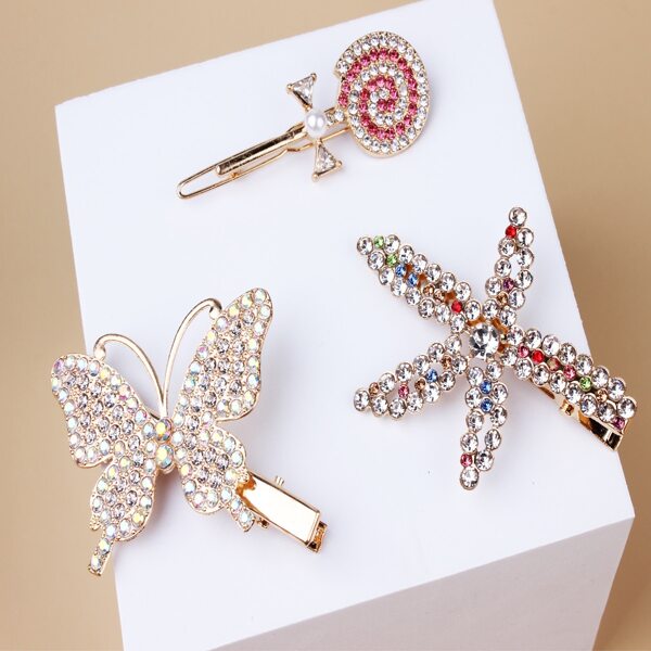 

3pcs Toddler Girls Rhinestone Hair Clip, Multicolor