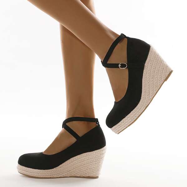

Minimalist Espadrille Heeled Wedge Shoes, Black