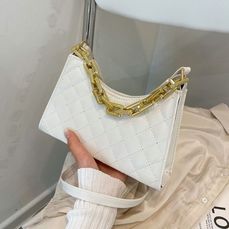 Quilted Chain Satchel Bag, White