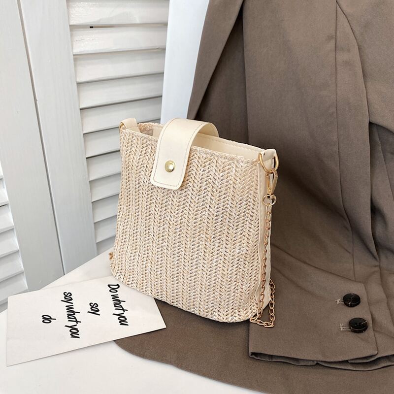 

Straw Chain Bucket Bag, Beige