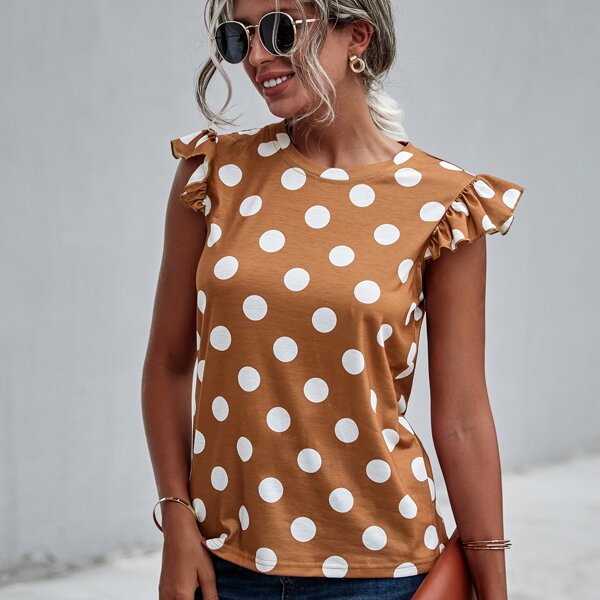 

Polka Dot Print Ruffle Trim Tee, Multicolor