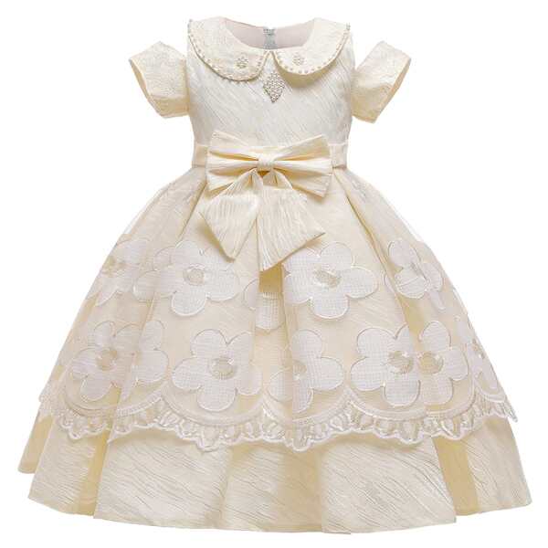 

Toddler Girls Floral Embroidery Bow Front Peter Pan Collar Gown Dress, Beige